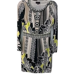 Hale Bob Black Floral Print Dress‎ long sleeve Beaded Neck Collar Womens Small